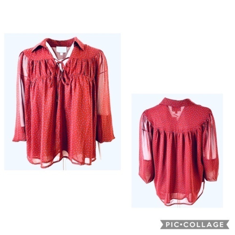 SKIES ARE BLUE Burgundy w/ Navy Polka Dot Blouse-M